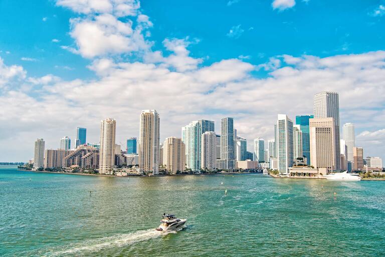 A view from the water of the Miami skyline