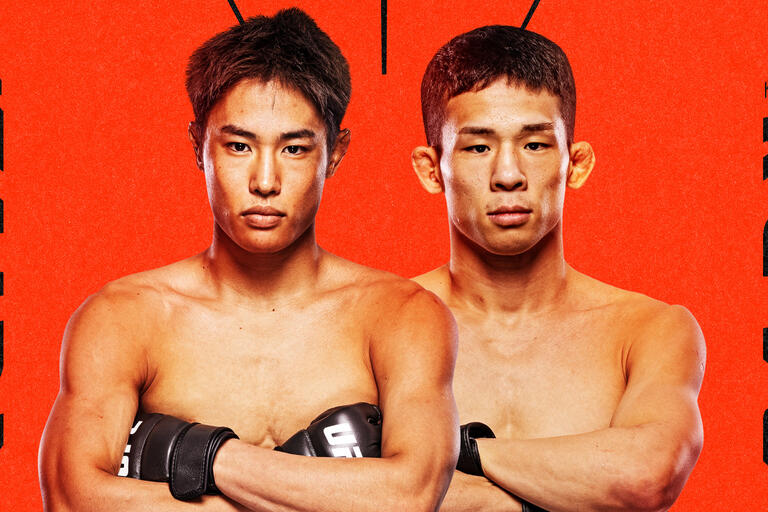 UFC flyweights Tatsuro Taira and HyunSung Park stand in front of an orange background