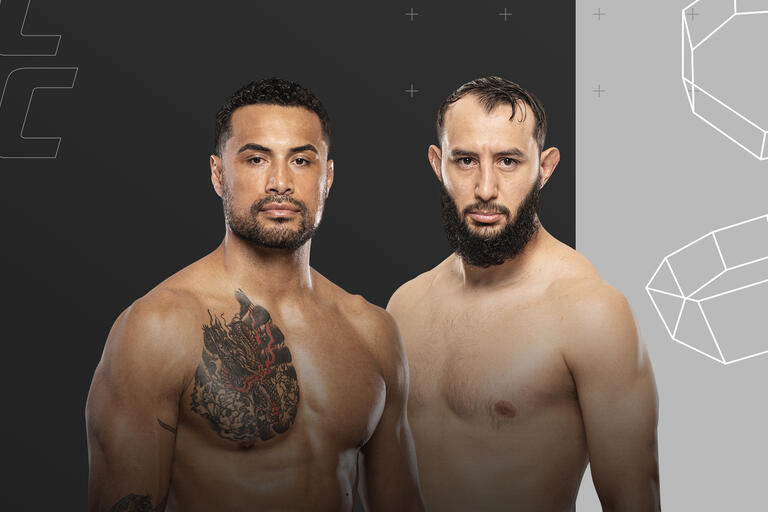 UFC light heavyweights Carlos Ulberg and Dominick Reyes stand in front of a black and grey background
