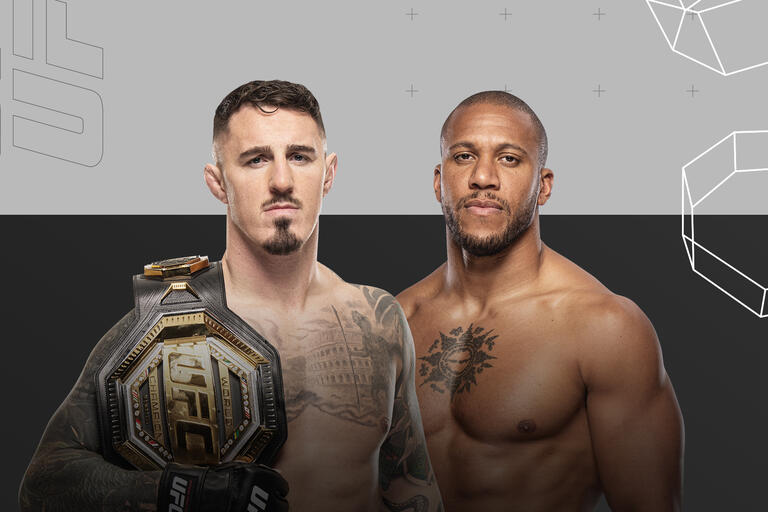 A grey textured background with UFC heavyweight fighters Tom Aspinall and Ciryl Gane