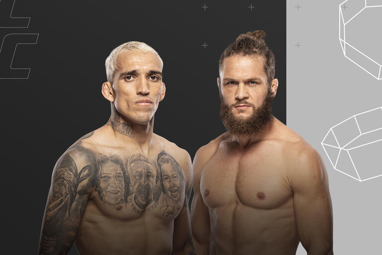 UFC lightweights Charles Oliveira and Rafael Fiziev stand in front of a black and grey UFC background