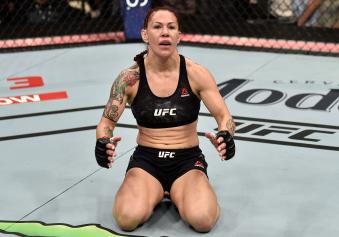 LAS VEGAS, NV - MARCH 03:   Cris Cyborg of Brazil celebrates after her TKO victory over Yana Kunitskaya of Russia in their women's featherweight bout during the UFC 222 event inside T-Mobile Arena on March 3, 2018 in Las Vegas, Nevada. (Photo by Jeff Bottari/Zuffa LLC via Getty Images)