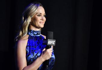 Laura Sanko is seen presenting a feature during the UFC 264 event at T-Mobile Arena on July 10 2021 in Las Vegas Nevada. (Photo by Chris Unger/Zuffa LLC)