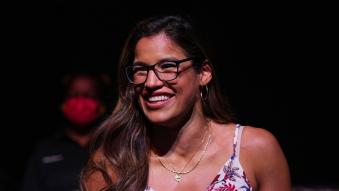 UFC Women's bantamweight contender Julianna Pena asks a question during the UFC 265 press conference at at Toyota Center on August 05, 2021 in Houston, Texas. (Photo by Mike Roach/Zuffa LLC)