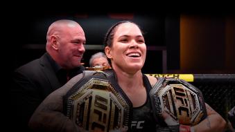 Amanda Nunes of Brazil reacts after her victory over Megan Anderson of Australia in their UFC featherweight championship fight during the UFC 259 event at UFC APEX on March 06, 2021 in Las Vegas, Nevada. (Photo by Jeff Bottari/Zuffa LLC)