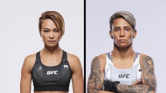 Michelle Waterson-Gomez and Amanda Lemos in portraits ahead of UFC Long Island on July 16, 2022. (Photos by Mike Roach/Zuffa LLC)