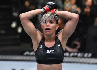 Amanda Lemos of Brazil reacts after the conclusion of her bantamweight fight against Angela Hill during the UFC Fight Night event at UFC APEX on December 18, 2021 in Las Vegas, Nevada. (Photo by Jeff Bottari/Zuffa LLC)
