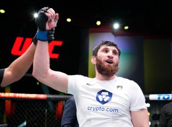 Magomed Ankalaev of Russia reacts after his victory over Thiago Santos of Brazil in their light heavyweight fight during the UFC Fight Night event at UFC APEX on March 12, 2022 in Las Vegas, Nevada. (Photo by Chris Unger/Zuffa LLC)