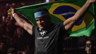 Gilbert Burns of Brazil prepares to walk on stage during the UFC 264 ceremonial weigh-in at T-Mobile Arena on July 09, 2021 in Las Vegas, Nevada. (Photo by Chris Unger/Zuffa LLC)