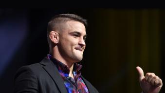 UFC lightweight star Dustin Poirier accepts the Forrest Griffin Community Award for his work with the Good Fight Foundation during the UFC Hall of Fame Class of 2020 Induction Ceremony at Park Theater at Park MGM on September 23, 2021 in Las Vegas, Nevada. (Photo by Chris Unger/Zuffa LLC)