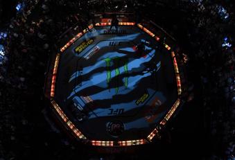 An overhead view of the Octagon during the UFC 266 event on September 25, 2021 in Las Vegas, Nevada. (Photo by Jeff Bottari/Zuffa LLC)