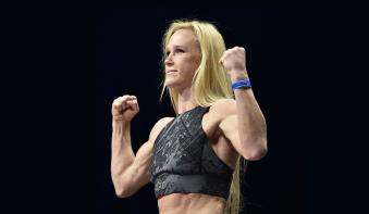 Holly Holm poses on the scale during the UFC 246 weigh-in at Park Theater at Park MGM on January 17, 2020 in Las Vegas, Nevada. (Photo by Chris Unger/Zuffa LLC)