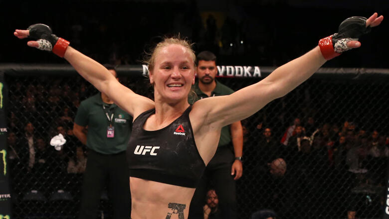 Valentina Shevchenko of Kyrgyzstan celebrates after her victory over Liz Carmouche in their UFC women's flyweight championship fight during the UFC Fight Night event at Antel Arena on August 10, 2019 in Montevideo, Uruguay. (Photo by Alexandre Schneider/Zuffa LLC)