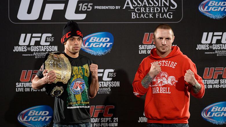 TORONTO, CANADA - SEPTEMBER 19:  (L-R) Current interim bantamweight champion Renan Barao poses for the media with opponent Eddie Wineland during the UFC 165 Ultimate Media Day at the Shangri-La Hotel on September 19, 2013 in Toronto, Ontario, Canada. (Pho
