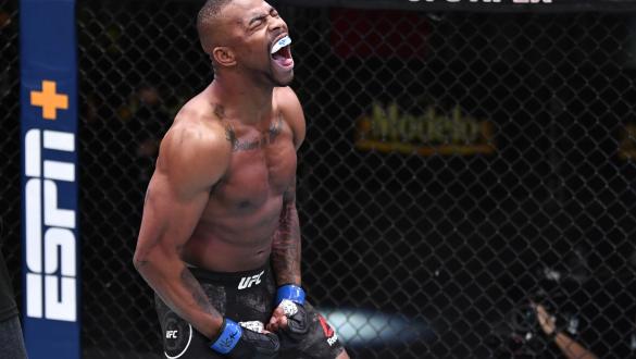 Khaos Williams reacts after his knockout victory over Abdul Razak Alhassan in a welterweight fight during the UFC Fight Night event at UFC APEX on November 14, 2020 in Las Vegas, Nevada. (Photo by Jeff Bottari/Zuffa LLC)