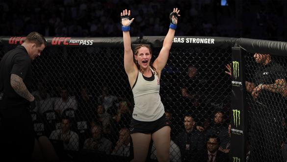 Sarah Moras of Canada celebrates her TKO victory over Liana Jojua of Georgia in their women's bantamweight bout during UFC 242 at The Arena on September 7, 2019 in Yas Island, Abu Dhabi, United Arab Emirates. (Photo by Jeff Bottari/Zuffa LLC)