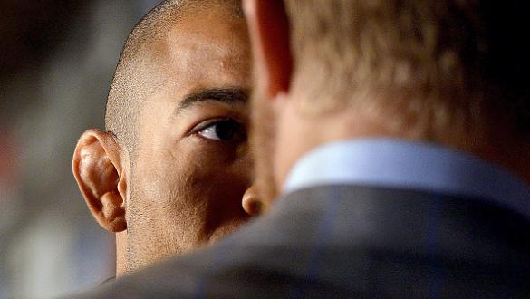 LONDON, ENGLAND - MARCH 30:  UFC Featherweight Champion Jose Aldo of Brazil (L) stares down title challenger Conor McGregor of Ireland during the UFC 189 World Championship Press Tour press conference on March 30, 2015 in London, England. (Photo by Jeff B