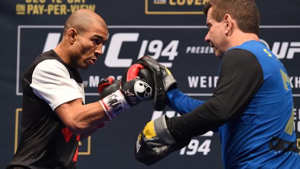 LAS VEGAS, NV - DECEMBER 10:   Jose Aldo of Brazil works out for fans and media during the UFC 194 open workouts inside MGM Grand Garden Arena on December 10, 2015 in Las Vegas, Nevada.  (Photo by Josh Hedges/Zuffa LLC/Zuffa LLC via Getty Images)