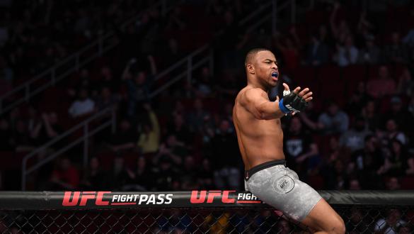 Khaos Williams celebrates his TKO victory over Alex Morono in their welterweight bout during the UFC 247 event at Toyota Center on February 08, 2020 in Houston, Texas. (Photo by Josh Hedges/Zuffa LLC via Getty Images)