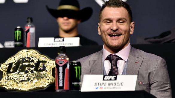 BROOKLYN, NEW YORK - APRIL 06:   Stipe Miocic interacts with media during the UFC press conference inside Barclays Center on April 6, 2018 in Brooklyn, New York. (Photo by Jeff Bottari/Zuffa LLC/Zuffa LLC via Getty Images)