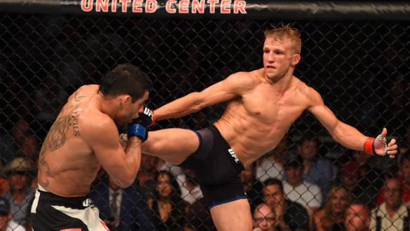 CHICAGO, IL - JULY 25:   (R-L) TJ Dillashaw kicks Renan Barao of Brazil in their UFC bantamweight championship bout during the UFC event at the United Center on July 25, 2015 in Chicago, Illinois. (Photo by Jeff Bottari/Zuffa LLC/Zuffa LLC via Getty Image