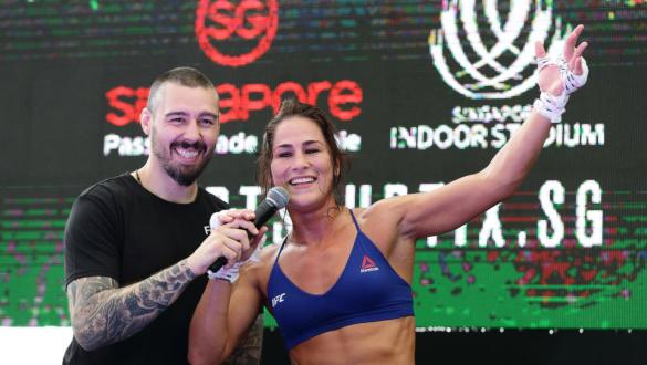 SINGAPORE - JUNE 20:  Jessica Eye (R) of United States speaks to fans during the UFC Fight Night Open Workout at OCBC Square on June 20, 2018 in Singapore.  (Photo by Suhaimi Abdullah - Zuffa LLC/Zuffa LLC)