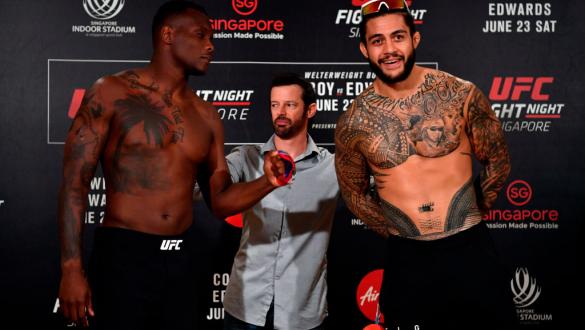 SINGAPORE - JUNE 22:  (L-R) Opponents Ovince Saint Preux of the United States and Tyson Pedro of Australia face off during the UFC Fight Night weigh-in at the Mandarin Oriental on June 22, 2018 in Singapore. (Photo by Jeff Bottari/Zuffa LLC/Zuffa LLC via 