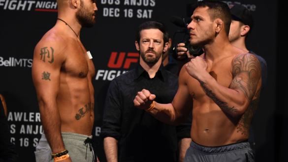 WINNIPEG, CANADA - DECEMBER 15:  (L-R) Robbie Lawler and Rafael Dos Anjos face off during the UFC Fight Night weigh-in on December 15, 2017 in Winnipeg, Canada. (Photo by Josh Hedges/Zuffa LLC/Zuffa LLC via Getty Images)
