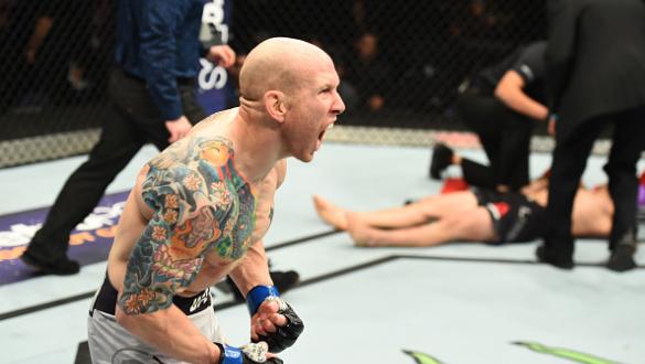 WINNIPEG, CANADA - DECEMBER 16:  Josh Emmett celebrates his knockout victory over Ricardo Lamas in their featherweight bout during the UFC Fight Night event at Bell MTS Place on December 16, 2017 in Winnipeg, Manitoba, Canada. (Photo by Josh Hedges/Zuffa 