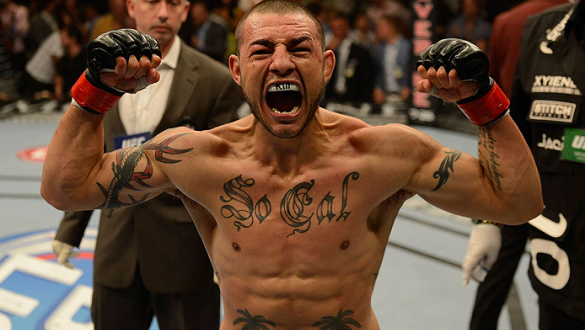LAS VEGAS, NV - JULY 06:  Cub Swanson reacts to his victory over Dennis Siver in their featherweight fight during the UFC 162 event inside the MGM Grand Garden Arena on July 6, 2013 in Las Vegas, Nevada.  (Photo by Donald Miralle/Zuffa LLC/Zuffa LLC via G
