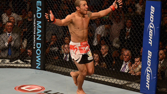 LAS VEGAS, NV - FEBRUARY 02:  Jose Aldo reacts to his victory over Frankie Edgar after their featherweight title fight at UFC 156 on February 2, 2013 at the Mandalay Bay Events Center in Las Vegas, Nevada.  (Photo by Donald Miralle/Zuffa LLC/Zuffa LLC via