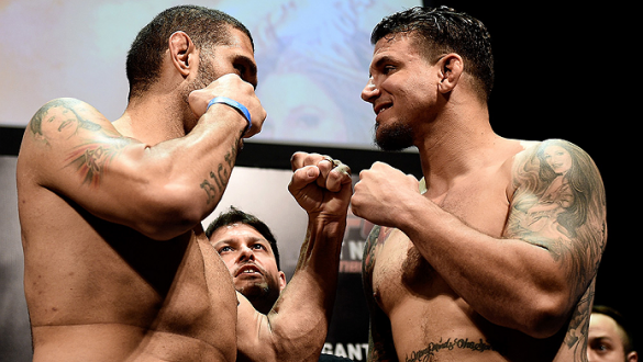 PORTO ALEGRE, BRAZIL - FEBRUARY 21:  Antonio Bigfoot Silva of Brazil and Frank Mir of the USA face off  during the UFC Fight Night Weigh-ins at Gigantinho Arena on February 21, 2015 in Porto Alegre, Brazil.  (Photo by Buda Mendes/Zuffa LLC/Zuffa LLC via G