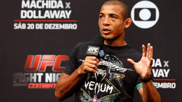 BARUERI, BRAZIL - DECEMBER 19:  UFC featherweight champion Jose Aldo interacts with fans during a Q&A session before the UFC weigh-in event inside the Ginasio Jose Correa on December 19, 2014 in Barueri, Brazil. (Photo by Josh Hedges/Zuffa LLC/Zuffa LLC v