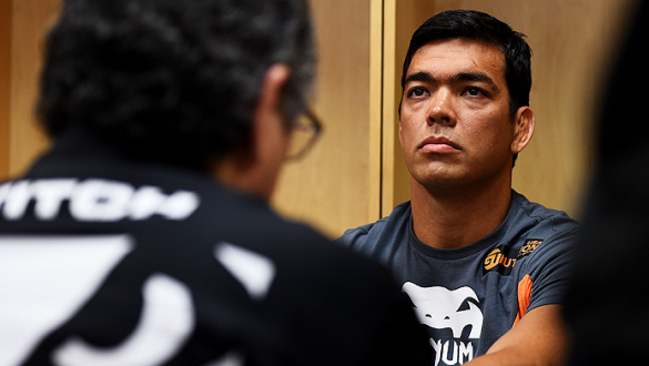 NEWARK, NJ - APRIL 18:  Lyoto Machida of Brazil has his hands wrapped prior to his middleweight bout against Luke Rockhold during the UFC Fight Night event at Prudential Center on April 18, 2015 in Newark, New Jersey.  (Photo by Jeff Bottari/Zuffa LLC/Zuf