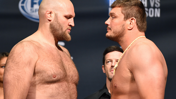 NEW ORLEANS, LA - JUNE 05:  (L-R) Opponents Ben Rothwell and Matt Mitrione face off during the UFC weigh-in at the Smoothie King Center on June 5, 2015 in New Orleans, Louisiana. (Photo by Josh Hedges/Zuffa LLC/Zuffa LLC via Getty Images)