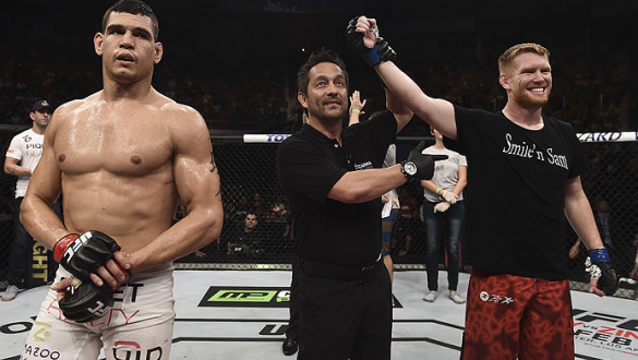PORTO ALEGRE, BRAZIL - FEBRUARY 22: Sam Alvey of the United States celebrates after defeating Cezar Ferreira of Brazil c in their middleweight bout during the UFC Fight Night at Gigantinho Gymnasium on February 22, 2015 in Porto Alegre, Brazil. (Photo by 