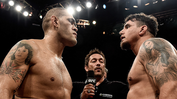 PORTO ALEGRE, BRAZIL - FEBRUARY 22: Antonio "Bigfoot" Silva of Brazil and Frank Mir of the United States face off prior to their heavyweight bout during the UFC Fight Night at Gigantinho Gymnasium on February 22, 2015 in Porto Alegre, Brazil. (Photo by Bu