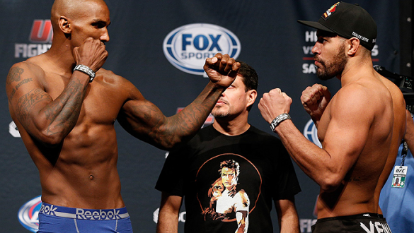 TULSA, OK - AUGUST 22: (L-R) Opponents Francis Carmont of France and Thales Leites of Brazil face off during the UFC Fight Night weigh-in at the BOK Center on August 22, 2014 in Tulsa, Oklahoma. (Photo by Josh Hedges/Zuffa LLC/Zuffa LLC via Getty Images)