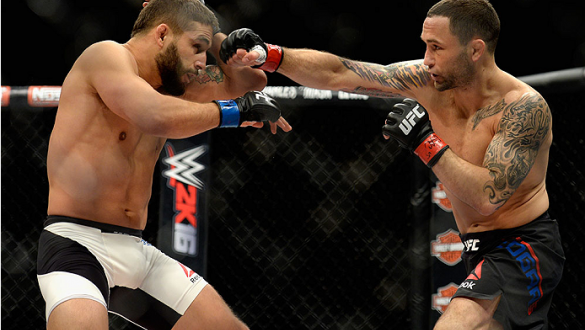 LAS VEGAS, NV - DECEMBER 11: (R-L) Frankie Edgar punches Chad Mendes in their featherweight bout during the TUF Finale event inside The Chelsea at The Cosmopolitan of Las Vegas on December 11, 2015 in Las Vegas, Nevada.  (Photo by Brandon Magnus/Zuffa LLC