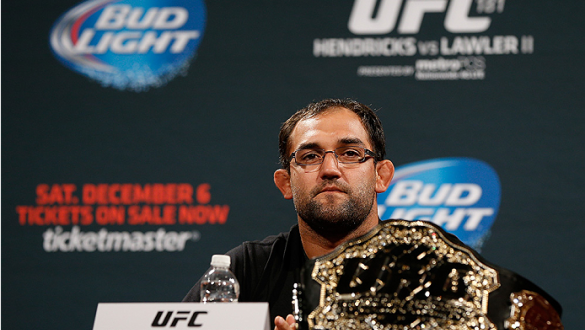 LAS VEGAS, NV - SEPTEMBER 26: UFC welterweight champion Johny Hendricks interacts with media and fans during the UFC 181 press conference at the MGM Grand Conference Center on September 26, 2014 in Las Vegas, Nevada. (Photo by Josh Hedges/Zuffa LLC/Zuffa 