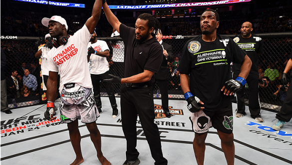 BOSTON, MA - JANUARY 18:  Uriah Hall reacts after defeating Ron Stallings in their middleweight fight during the UFC Fight Night event at the TD Garden on January 18, 2015 in Boston, Massachusetts. (Photo by Jeff Bottari/Zuffa LLC/Zuffa LLC via Getty Imag
