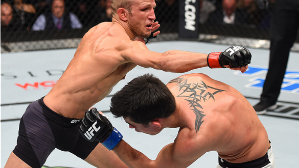 BOSTON, MA - JANUARY 17:  (R-L) Dominick Cruz slips a punch by TJ Dillashaw in their UFC bantamweight championship bout during the UFC Fight Night event inside TD Garden on January 17, 2016 in Boston, Massachusetts. (Photo by Jeff Bottari/Zuffa LLC/Zuffa 