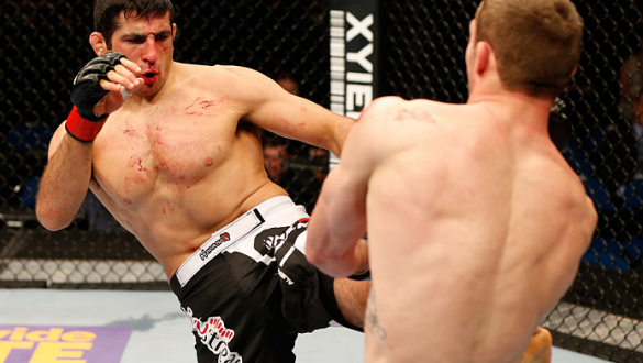 TULSA, OK - AUGUST 23:  (L-R) Beneil Dariush of Iran kicks Tony Martin in their lightweight fight during the UFC Fight Night event at the BOK Center on August 23, 2014 in Tulsa, Oklahoma. (Photo by Josh Hedges/Zuffa LLC/Zuffa LLC via Getty Images)