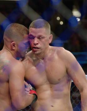UFC 241 Nate Diaz and Anthony Pettis embrace after their fight.