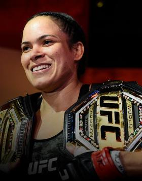 Amanda Nunes of Brazil reacts after her victory over Megan Anderson of Australia in their UFC featherweight championship fight during the UFC 259 event at UFC APEX on March 06, 2021 in Las Vegas, Nevada. (Photo by Chris Unger/Zuffa LLC)