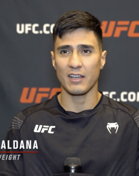 Luis Saldana reacts with UFC.com after his unanimous decision victory over UFC featherweight Jordan Griffin at UFC Fight Night: Vettori vs Holland on April 10, 2021.