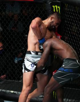 Saidyokub Kakhramonov of Uzbekistan secures a his third-round guillotine submission over Trevin Jones of Guam in their bantamweight bout at UFC Fight Night: Cannonier vs Gastelum on August 21 2021 in Las Vegas Nevada (Photo by Chris Unger/Zuffa LLC)