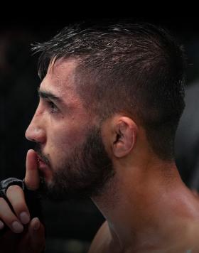 Saidyokub Kakhramonov of Uzbekistan reacts after his submission victory over Trevin Jones of Guam in a bantamweight fight during the UFC Fight Night event at UFC APEX on August 21, 2021 in Las Vegas, Nevada. (Photo by Chris Unger/Zuffa LLC)
