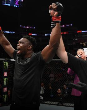 Dalcha Lungiambula of the Democratic Republic of Congo celebrates after defeating Dequan Townsend in their light heavyweight bout during the UFC Fight Night event at the Target Center on June 29, 2019 in Minneapolis, Minnesota. (Photo by Josh Hedges/Zuffa LLC)