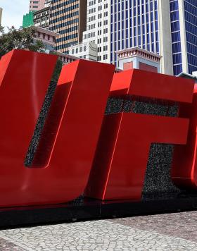 A general view of the UFC letters outside of New York New York Hotel and Casino on July 8, 2017 in Las Vegas, Nevada. (Photo by Brandon Magnus/Zuffa LLC)